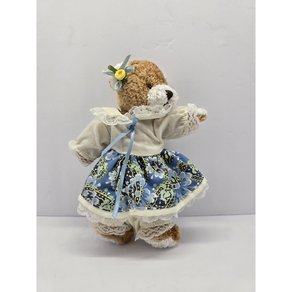 Vintage Collectible Teddy Bear Plush Doll w/ Blue Floral Dress & Lace Outfit ~ 9